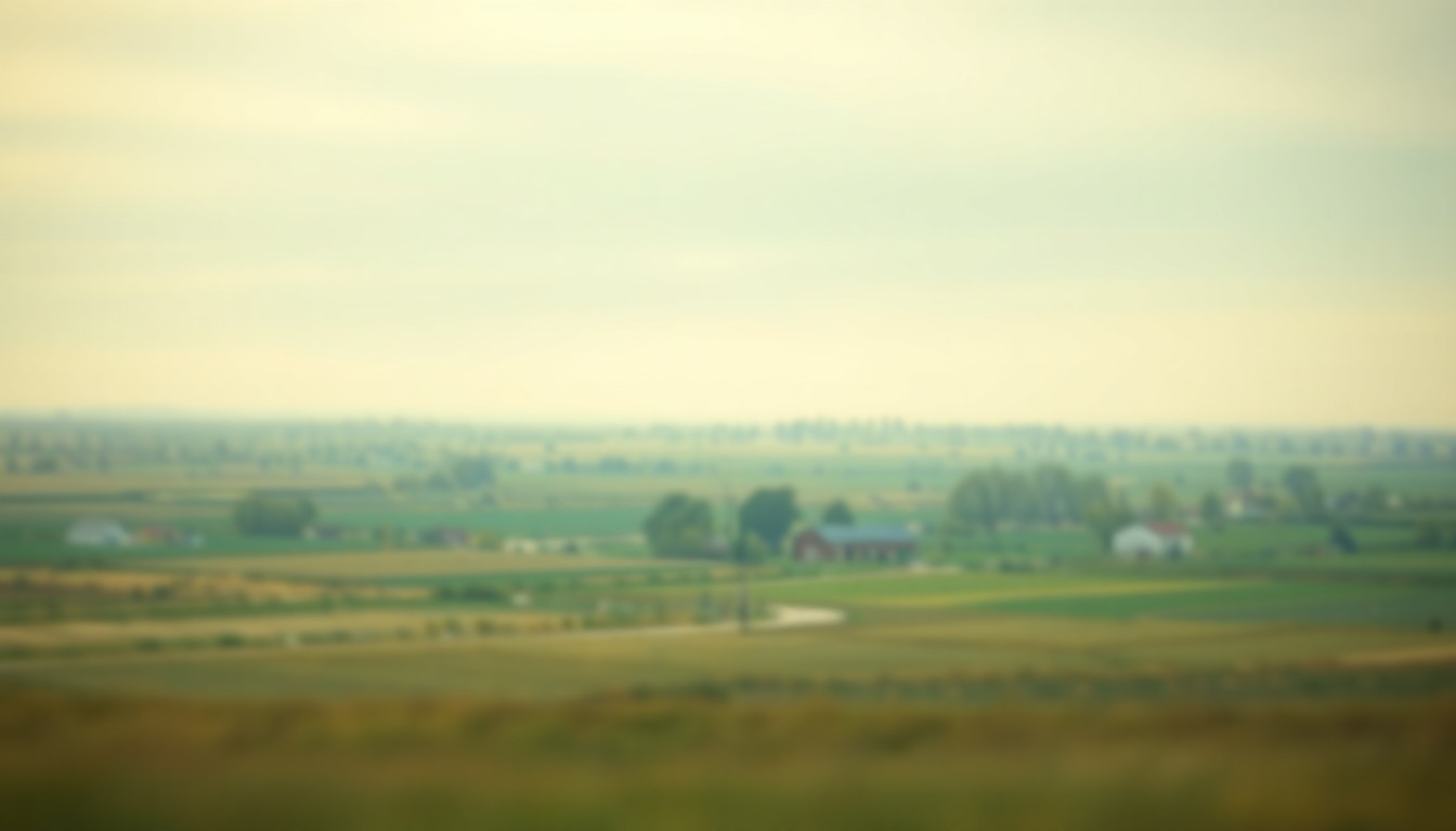 An abstract, impressionistic landscape scene in soft, blurred hues of green, gold, and blue, conveying a sense of rural peacefulness and nostalgia.