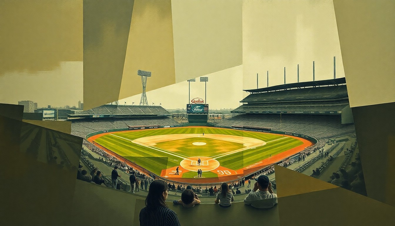 A fragmented, geometric painting depicting a baseball game or match, with sharp, overlapping planes in muted earth tones, capturing the complexity and multi-faceted nature of a new manager's adjustment to the major leagues.