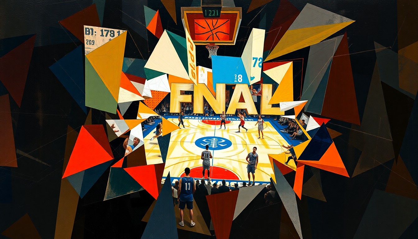 A cubist, geometric painting depicting the energy and intensity of a college basketball game, with the players' forms broken down into abstract shapes and colors.