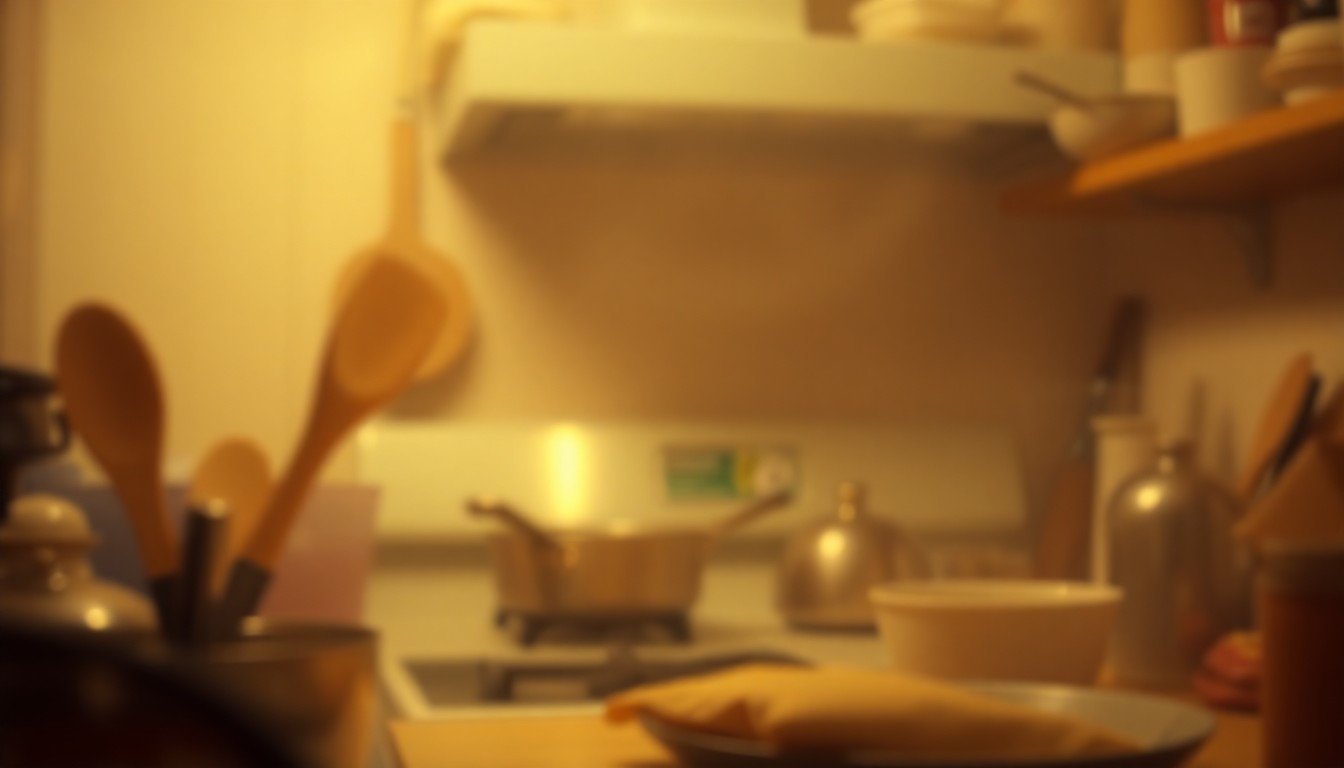 An abstract, impressionistic photograph in soft, warm tones depicting a blurred kitchen scene with indistinct cooking implements and a faint glow of a stove or oven in the background, conceptually representing the dangers of unattended cooking.