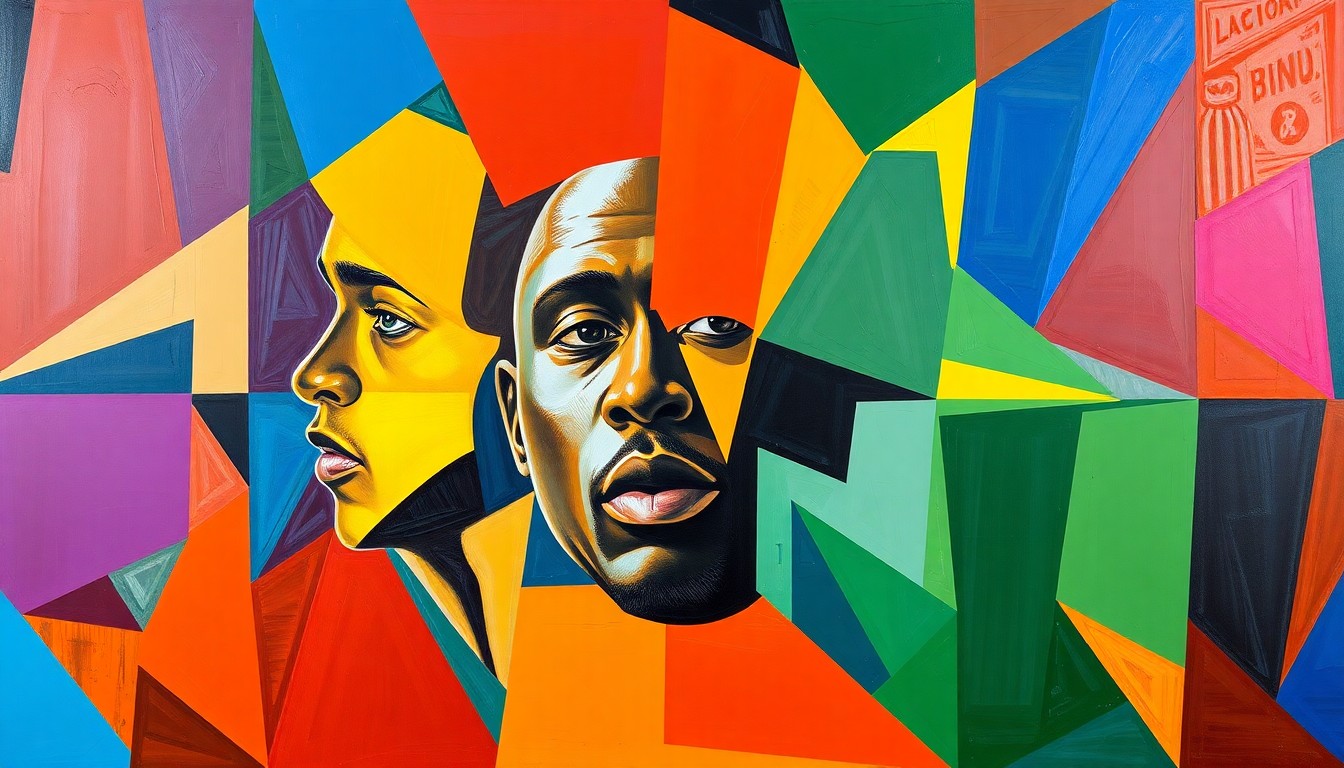 A cubist, geometric painting depicting the dynamic movements and energy of Victor Wembanyama's record-setting double-double performance for the San Antonio Spurs, with overlapping planes of bright blues, greens, and reds.