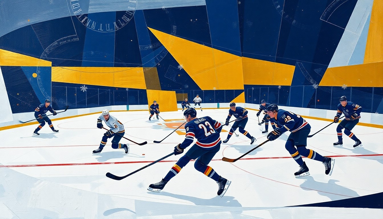 A cubist, geometric painting depicting the chaotic action of a hockey game, with fragmented shapes and planes of players, sticks, and a puck in motion against a backdrop of vibrant navy, gold, and white colors.