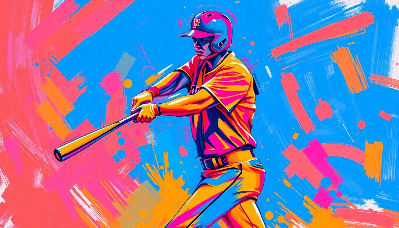 An abstract, energetic painting in a vibrant neon expressionist style, capturing the raw power and motion of a baseball player swinging a bat and connecting with the ball. The player's form is dissolved into expressive brushstrokes of electric blue, hot pink, and neon orange.