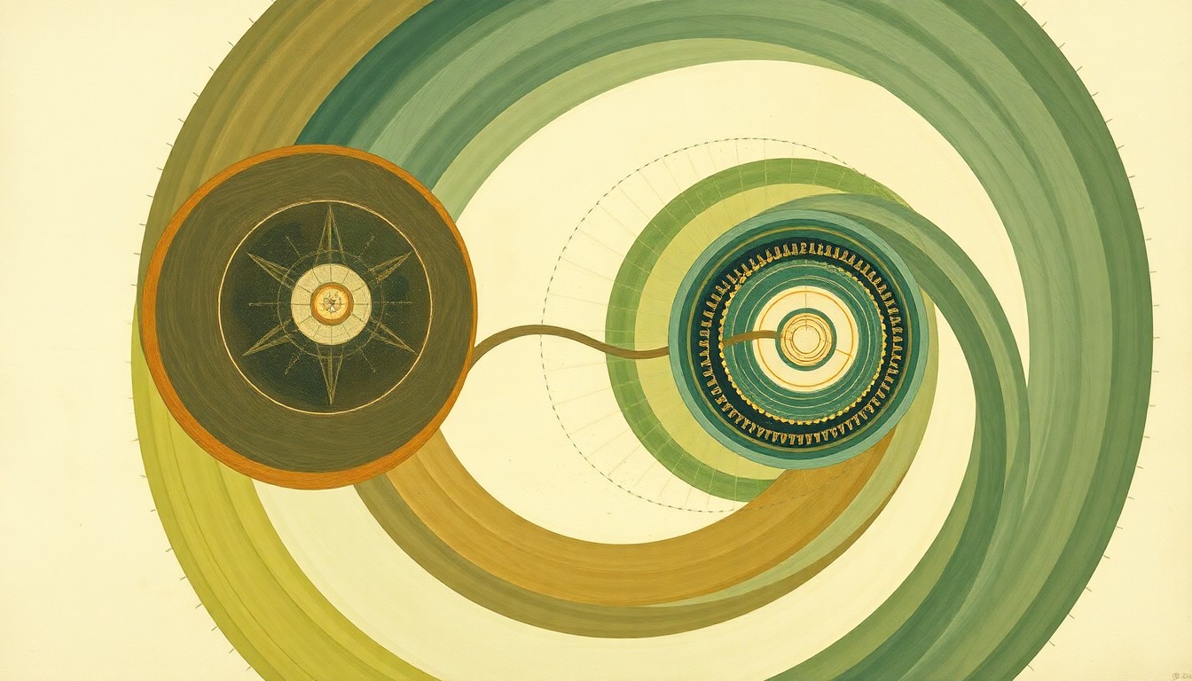 A highly structured, abstract painting in soft, earthy tones of green, brown, and blue, featuring sweeping geometric arcs, concentric circles, and precise botanical or physical spirals, conceptually representing the intricate biological systems involved in cystic fibrosis genetics.