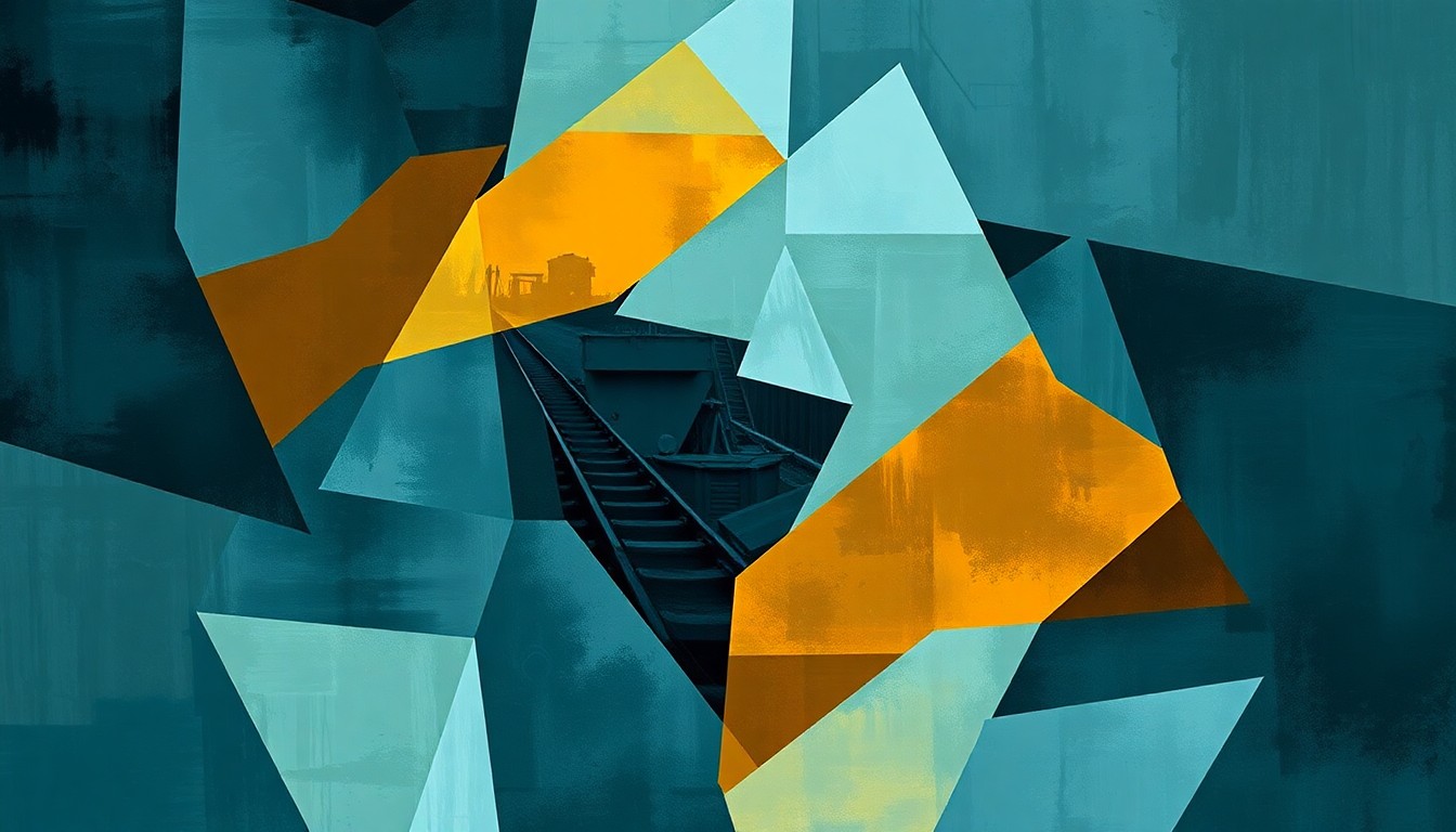 A dynamic, fragmented painting depicting the abstract form of a railroad switching mechanism, conveying the fractured nature of the legal dispute over railroad safety regulations.