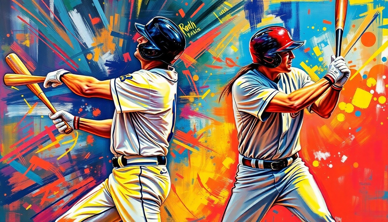 An abstract, energetic painting with bold, neon-colored brushstrokes capturing the dynamic motion and power of a baseball player swinging the bat and connecting for a grand slam home run.