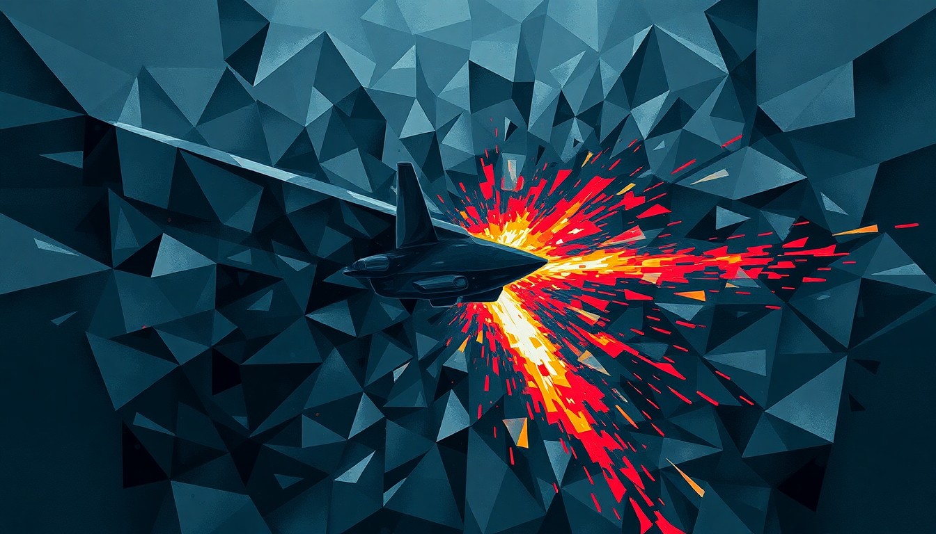 A dynamic, abstract painting of a missile or drone in flight, repeated in overlapping, fractured geometric shapes in shades of blue, grey, and red, conveying the chaotic escalation of military conflict in the Middle East.