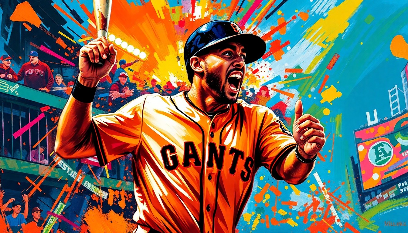 An abstract, expressionist painting featuring bold, neon-colored brushstrokes that capture the raw intensity and emotional weight of Luis Arraez's return to Petco Park as a member of the San Francisco Giants, representing the connection between the player and his former team.