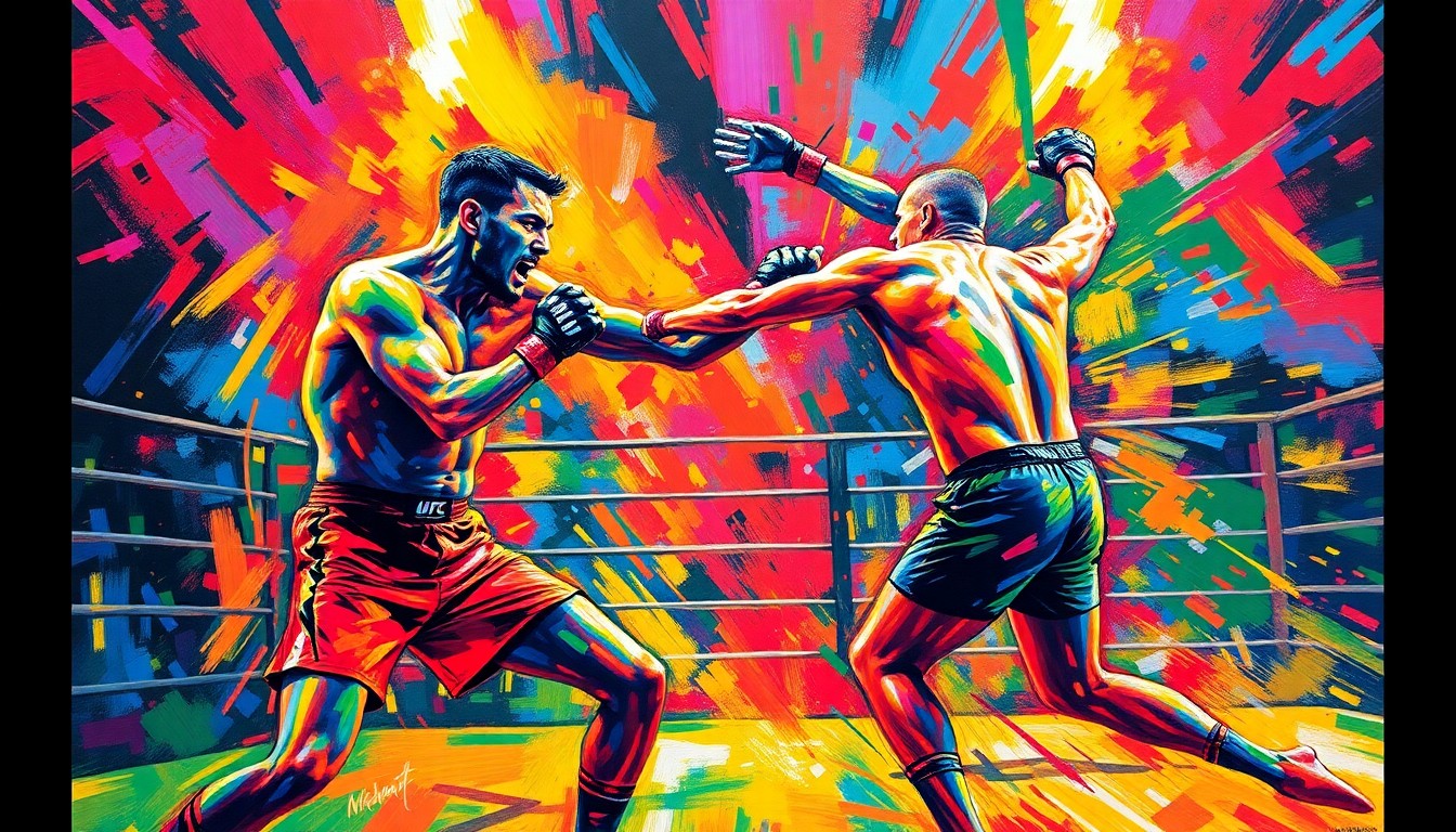 An abstract painting in vibrant neon colors and energetic brushstrokes, depicting the dynamic action and power of a UFC fight, with the figures of the fighters dissolved into unrecognizable shapes.