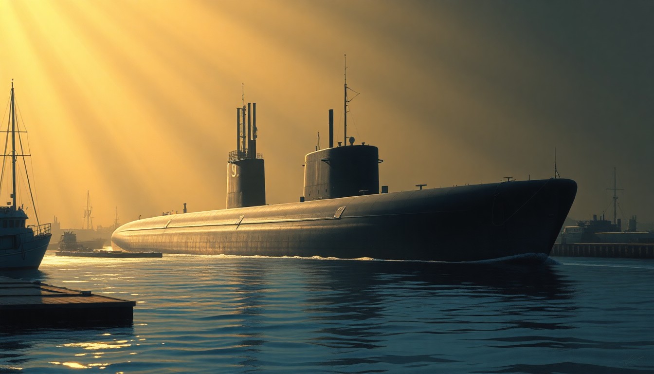 A serene, cinematic painting of the USS Massachusetts submarine docked in Boston Harbor, with the vessel's silhouette reflected in the calm waters and warm sunlight casting long shadows across the scene, capturing the quiet power and significance of this new addition to the Navy fleet.