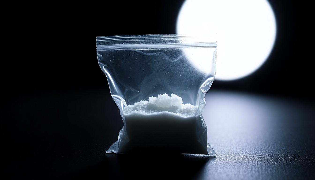 An extreme close-up of a small plastic bag containing a crystalline substance, the harsh flash lighting creating a stark, gritty, investigative aesthetic that conceptually represents the drug-related crime in Harlan County.