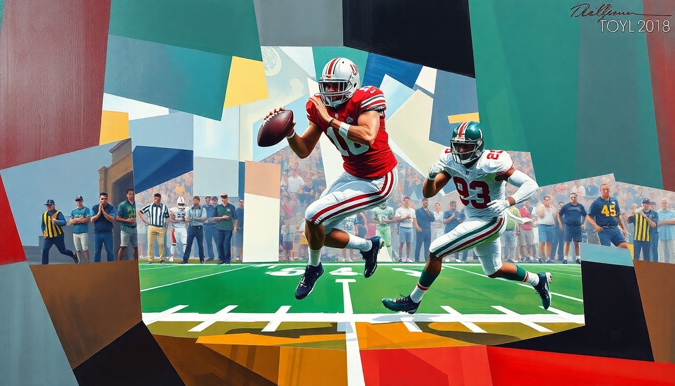 A fragmented, geometric painting depicting the moment a Miami defender intercepts a pass from an Ohio State quarterback, with the players and ball broken down into sharp, overlapping shapes and planes.