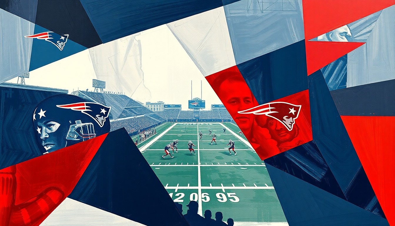 A cubist-style painting depicting a fragmented, geometric interpretation of a Patriots football game, with sharp planes of navy blue, red, and silver representing the team's players and action on the field.