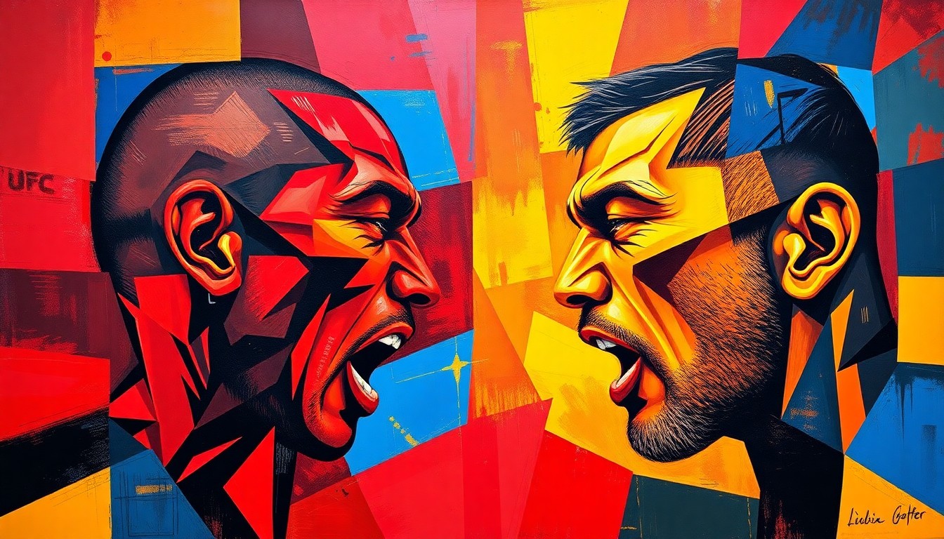 A cubist-style painting featuring sharp, overlapping geometric shapes in vibrant colors, representing the action and energy of a UFC middleweight fight.
