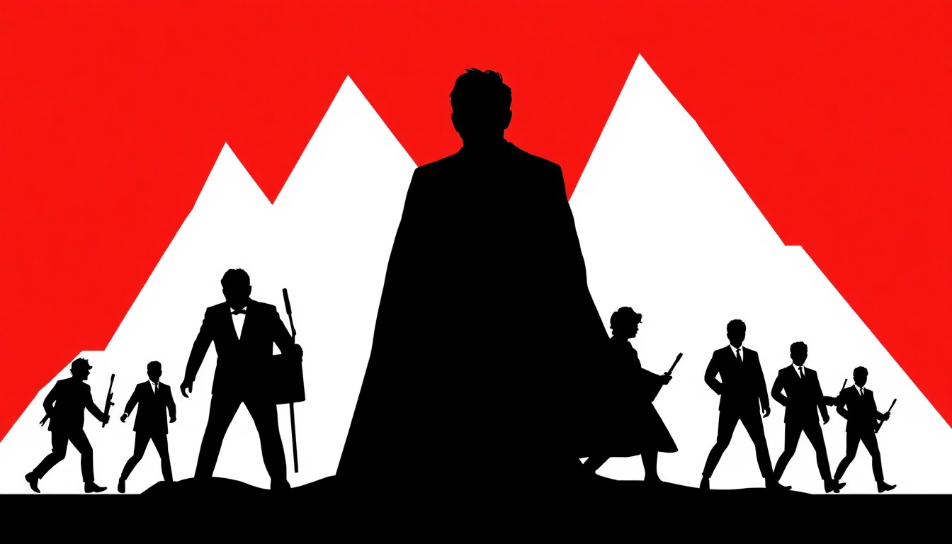 An abstract, minimalist composition of sharp, jagged shapes in bold red and black, conceptually representing the dramatic highs and lows of a former TV actress's life.