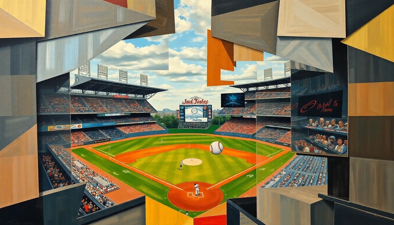 A fragmented, geometric painting depicting overlapping baseball players and equipment, representing the Reds' injury news and the team's efforts to overcome challenges.