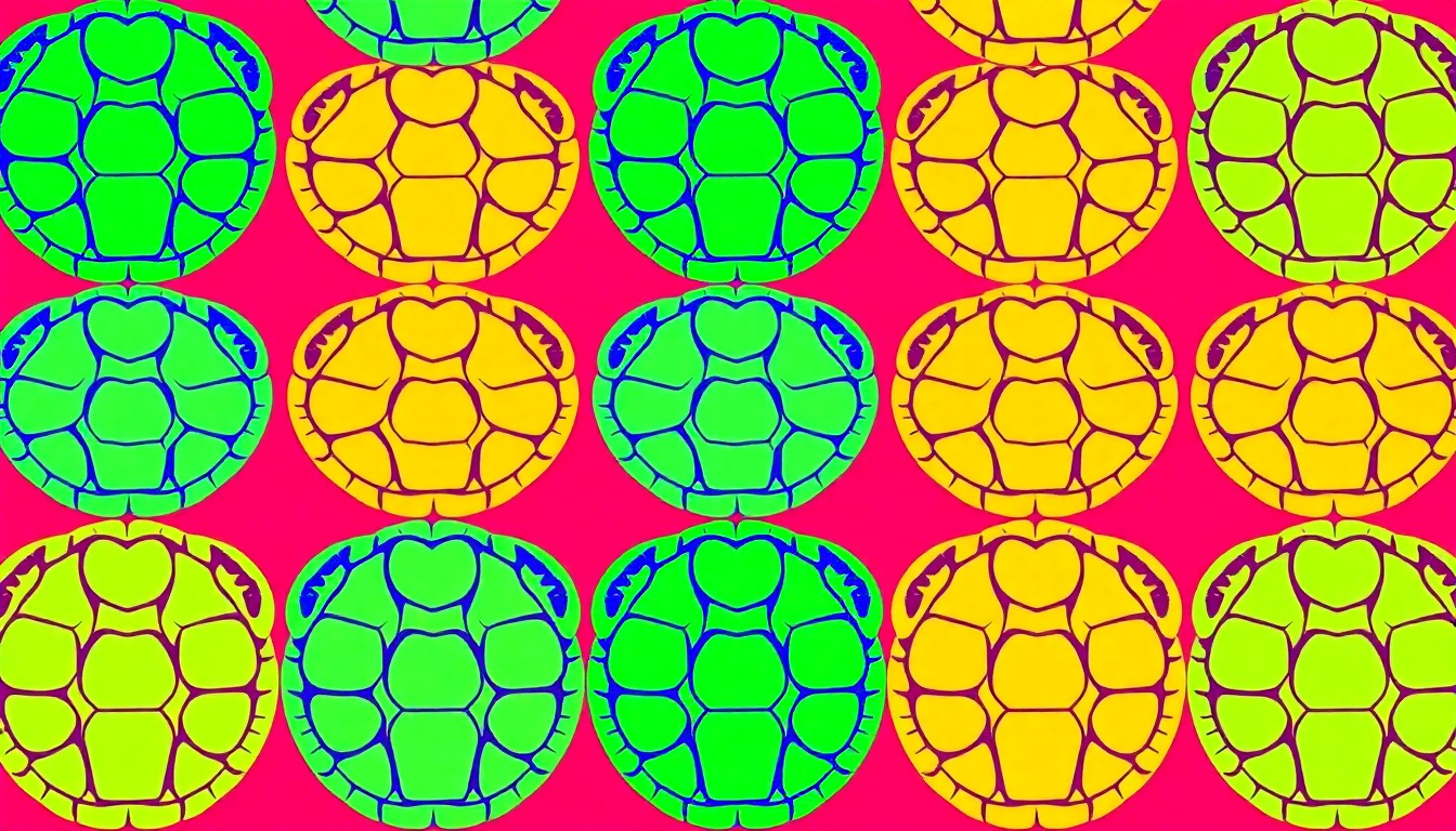 A bold, colorful silkscreen illustration featuring a repeating pattern of a sea turtle shell in vibrant neon blues, greens, and oranges, conceptually representing the celebration of local art and marine life at the Gulf Specimen Marine Lab's fundraising event.