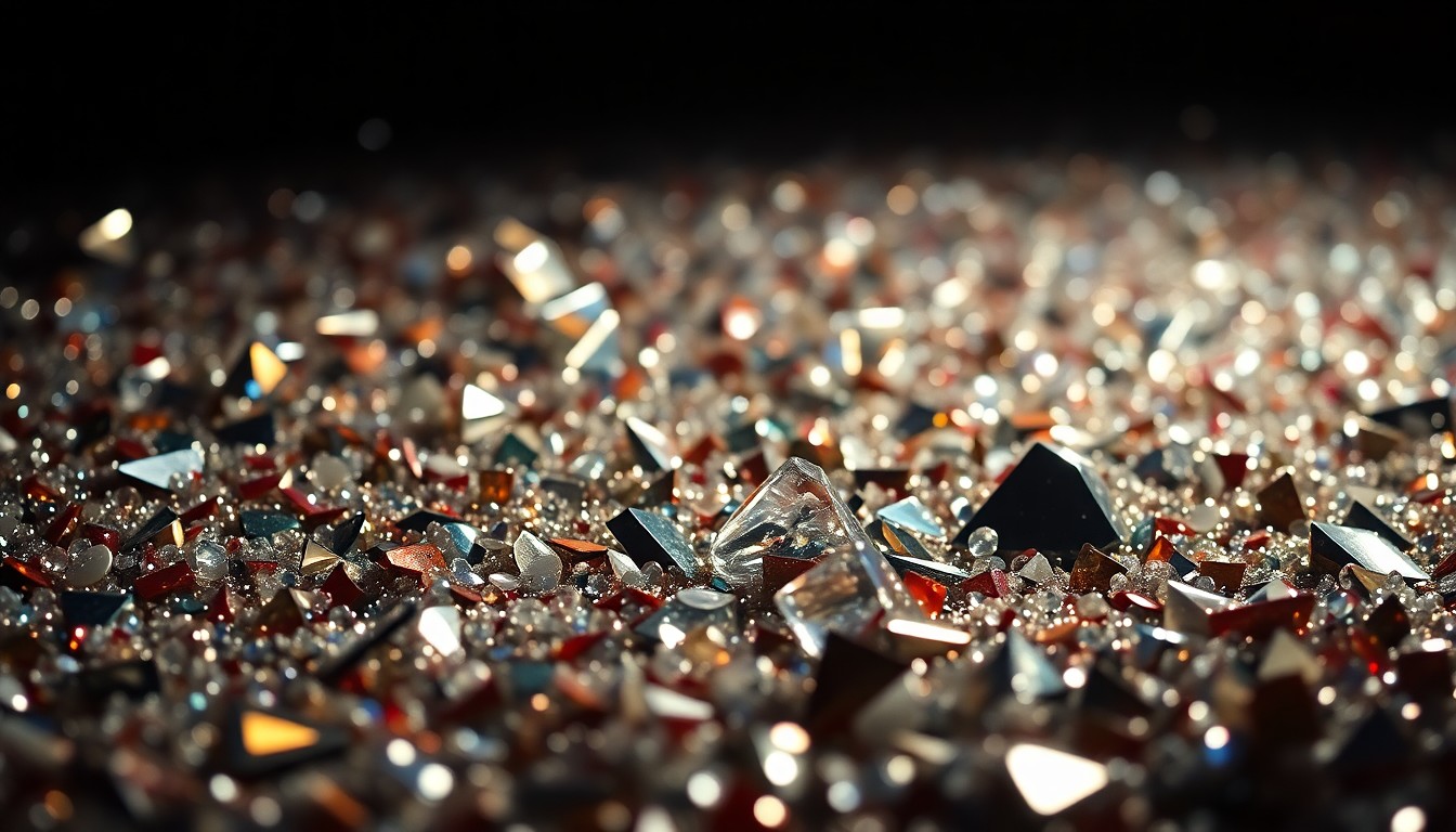 An extreme close-up of shimmering sequins and shattered glass reflecting dramatic studio lighting, conceptually representing the glamour and energy of a Paul McCartney concert.