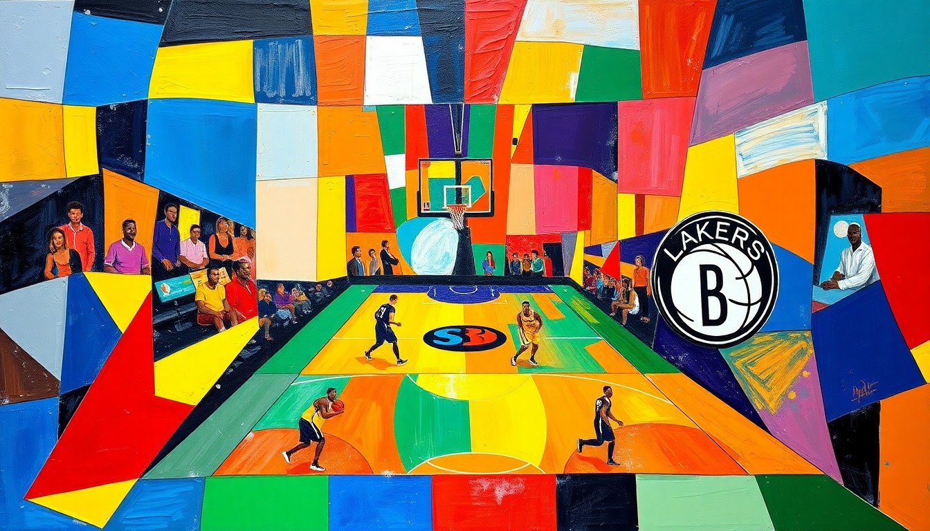 A cubist, geometric painting depicting a basketball game in motion, with overlapping planes of the Lakers' purple and gold colors and the Nets' black and white hues, capturing the energy and movement of the historic father-son assist.