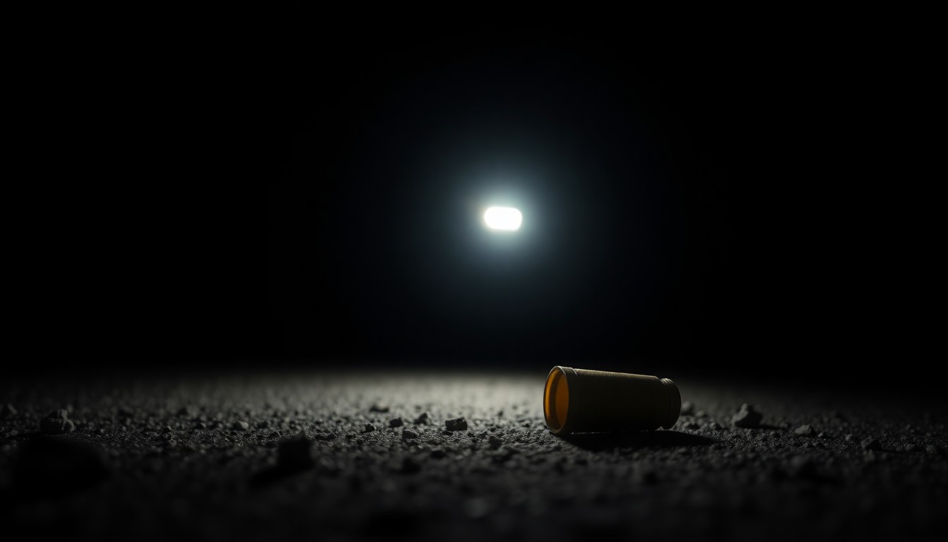 An extreme close-up photograph of a single spent shell casing on the ground, reflecting a bright white light from the harsh flash, conveying the gritty aftermath of a road rage incident.