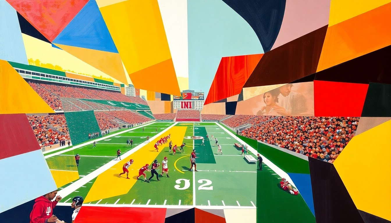 A cubist, geometric painting depicting a college football game with overlapping planes of color representing the players and action on the field.