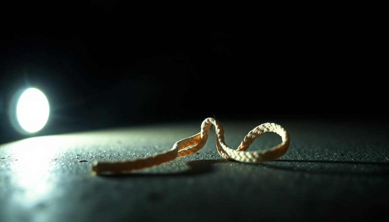 An extreme close-up photograph of a child's shoelace, the harsh flash illuminating the textured fabric against a pitch-black background, conveying a sense of urgency and investigation surrounding the disappearance.