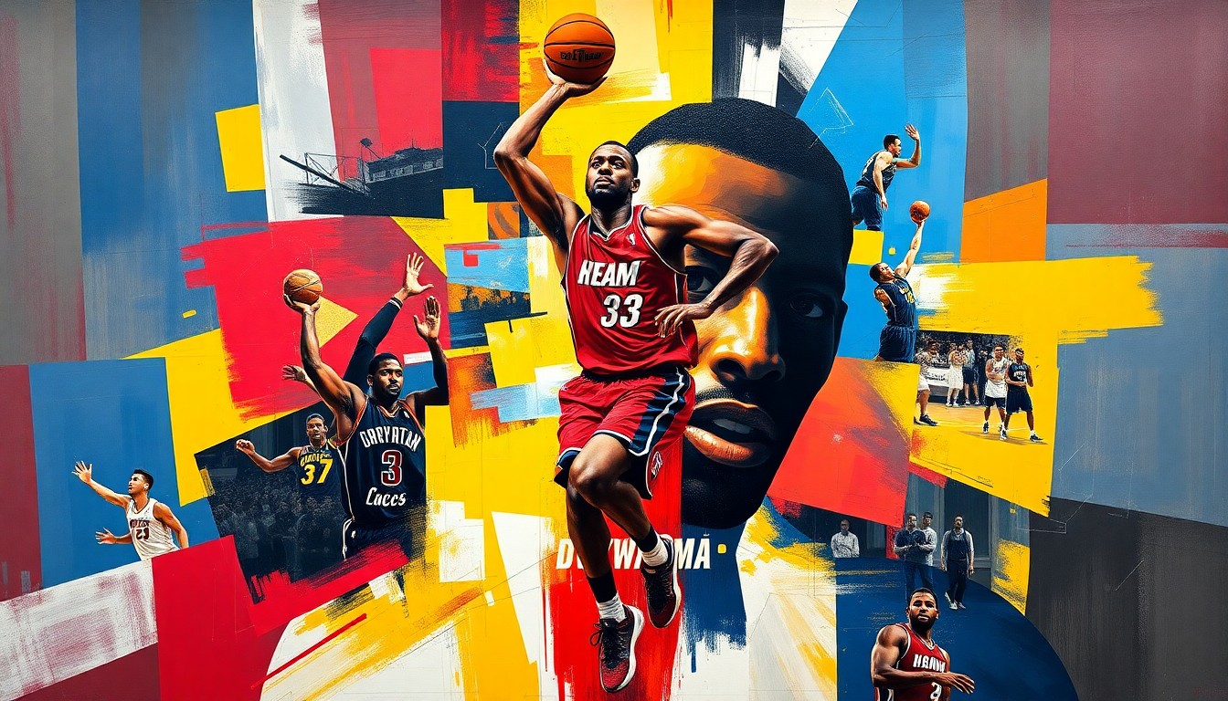 A fractured, multi-perspective painting depicting Dwyane Wade's basketball movements and actions, broken down into sharp, overlapping geometric planes of red, yellow, and blue, conceptually representing the iconic moments that defined his Hall of Fame career.