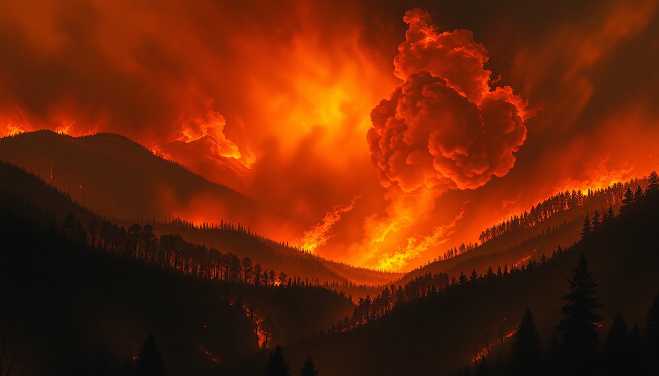 A dramatic, atmospheric landscape painting depicting a massive wildfire consuming a vast forest, with the fire's glow and billowing smoke dominating the scene and conveying the overwhelming power of the natural disaster.