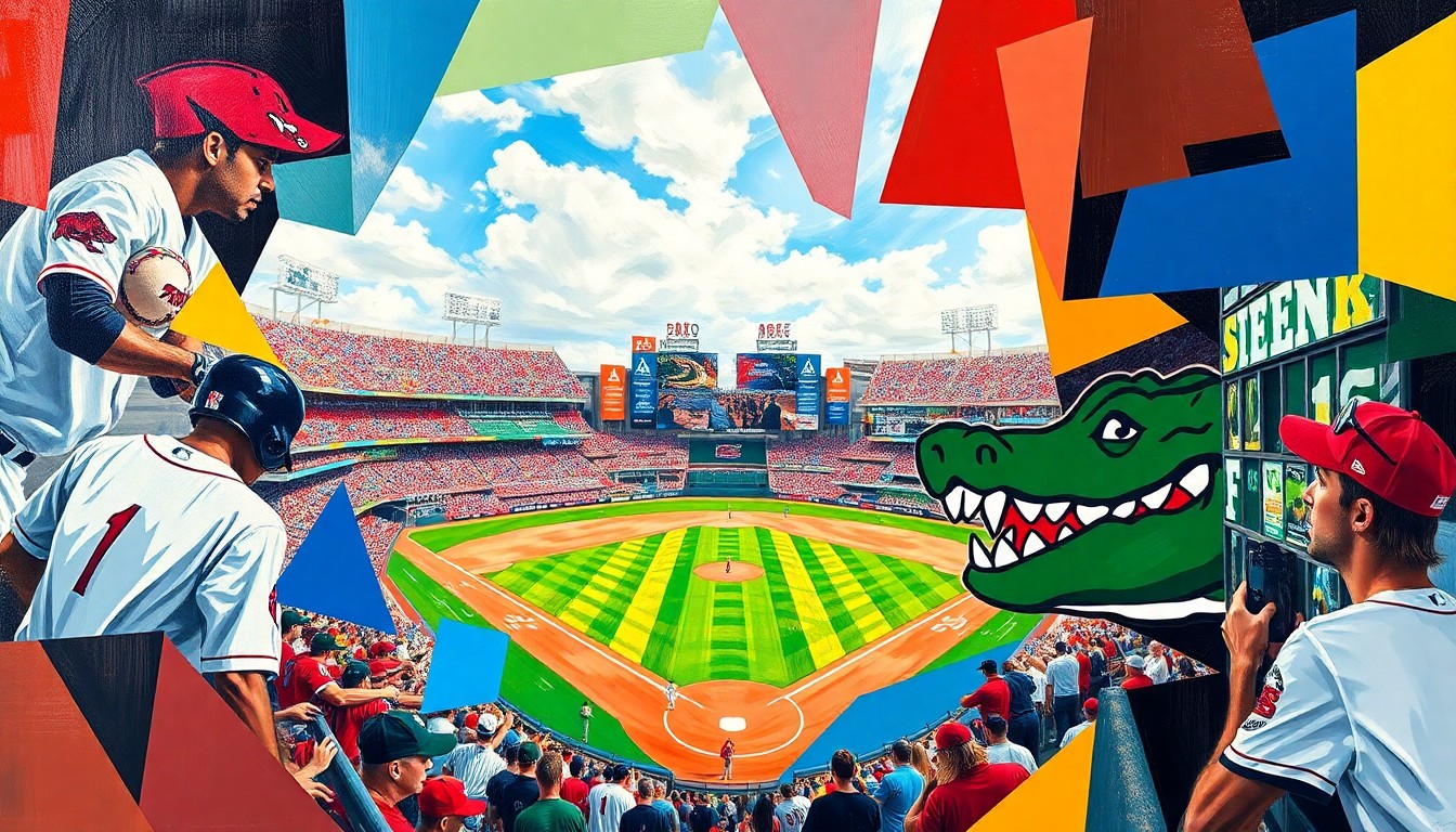 A cubist-style painting featuring sharp, overlapping geometric shapes in the colors of the Arkansas Razorbacks and Florida Gators uniforms, conceptually representing the intense competition of a college baseball game.