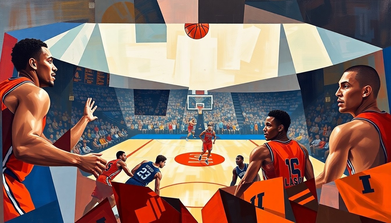 A cubist, geometric painting depicting an Illinois basketball game, with the players' figures fractured into abstract shapes and forms in a vibrant color palette, representing the team's diverse international identity and innovative style of play.