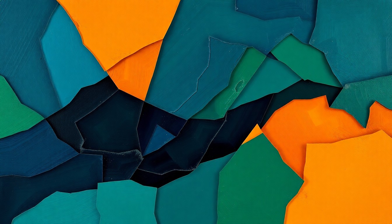 An abstract, fractured painting in shades of navy, green, and orange, conceptually representing the turbulent political tensions over immigration enforcement.
