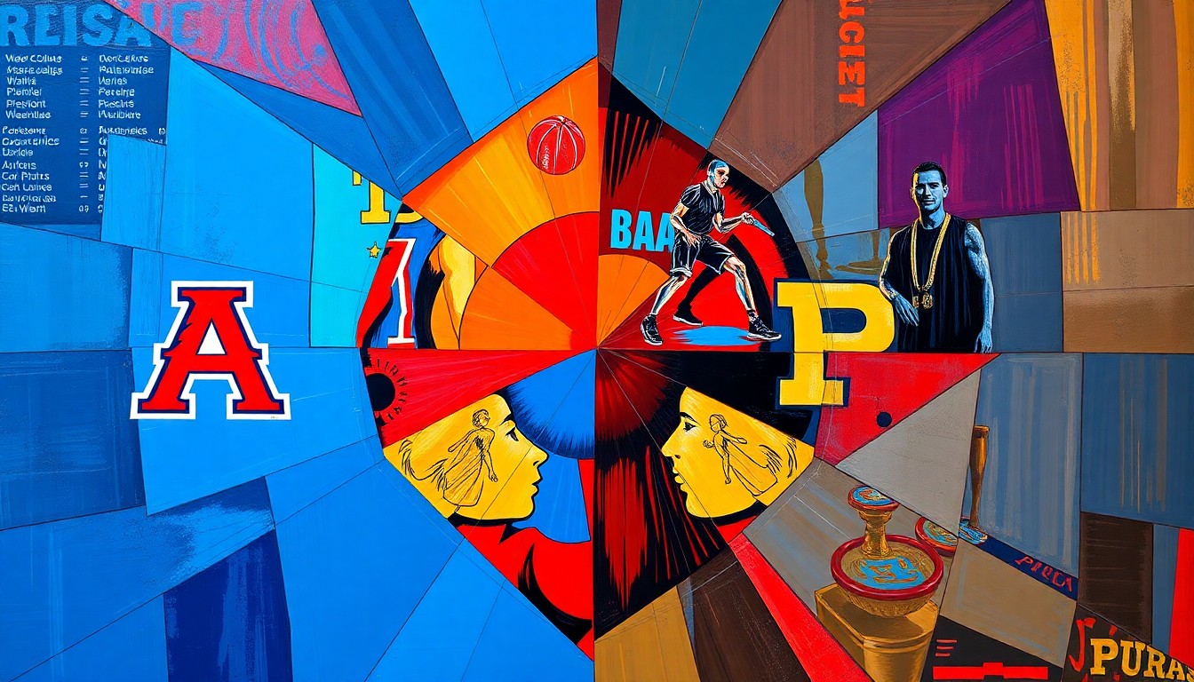 A fractured, multi-perspective painting featuring sharp, overlapping geometric planes in vibrant shades of blue, red, and gold, conceptually representing the intense matchup between the Arizona Wildcats and Purdue Boilermakers in the 2026 NCAA Tournament Elite Eight.