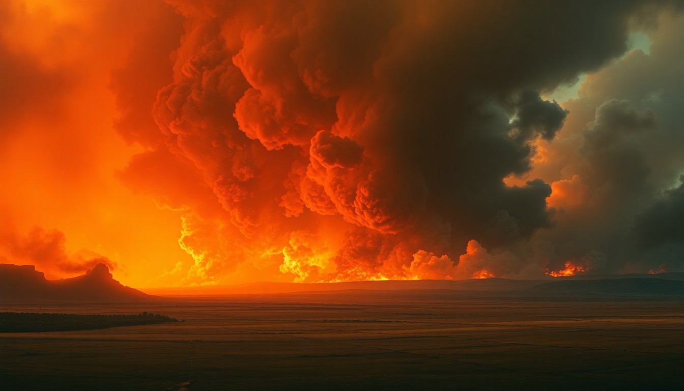 A sweeping, atmospheric landscape painting depicting a massive wildfire raging across the western Oklahoma plains, with the fire's smoke and flames dwarfing any physical structures or human figures caught within the frame, conveying the overwhelming, sublime scale of the natural disaster.