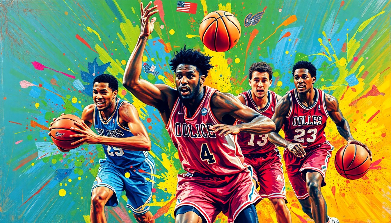 An abstract expressionist painting in vibrant neon colors, capturing the dynamic movement and energy of college basketball players on the court, with faces and logos blurred into a chaotic, energetic composition.
