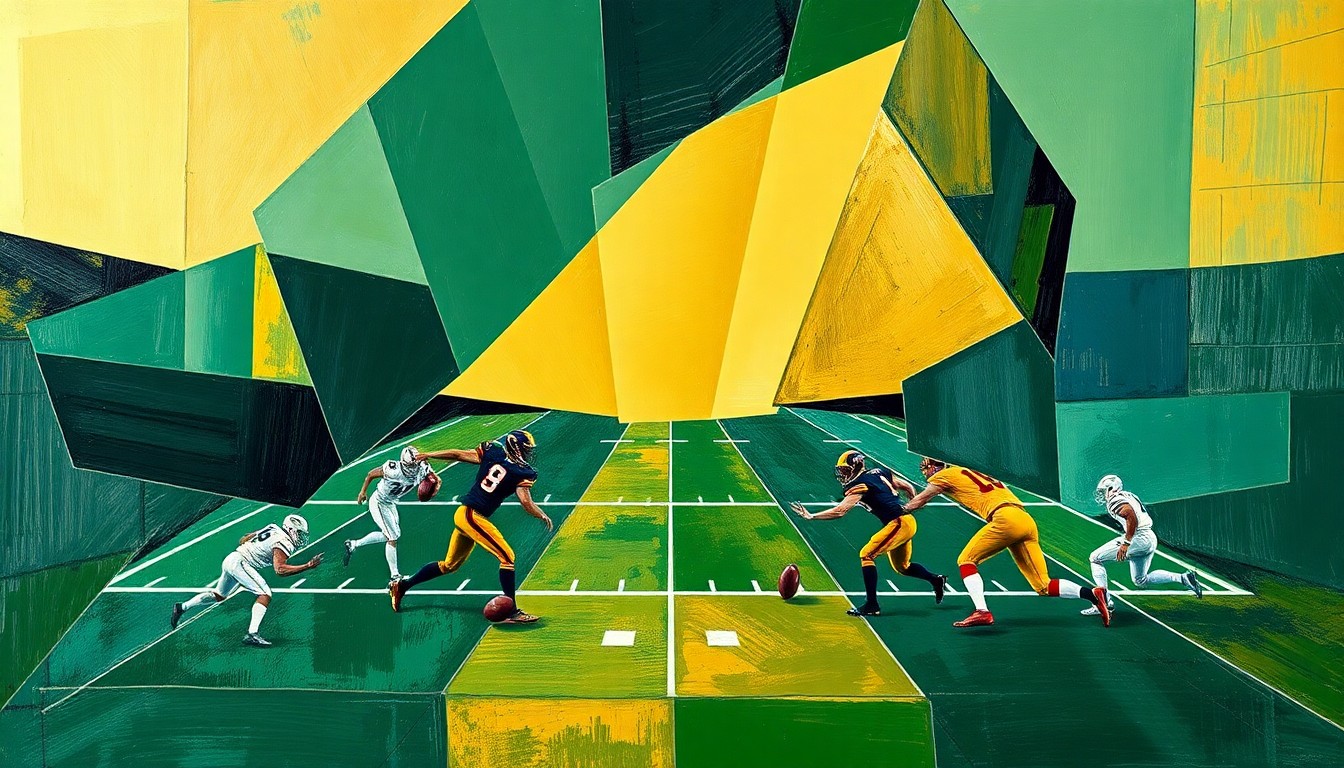 A fractured, abstract painting depicting a football game broken down into sharp, overlapping geometric planes in shades of green, gold, and navy blue.