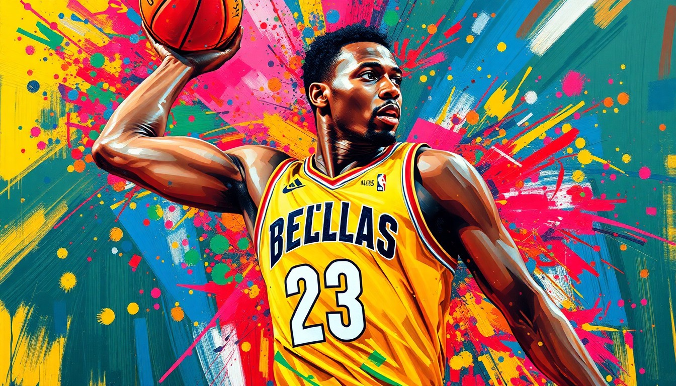 An abstract, expressionist painting in vibrant neon colors, capturing the explosive energy and basketball movements of a player, with their face and jersey number dissolving into unrecognizable splatters.