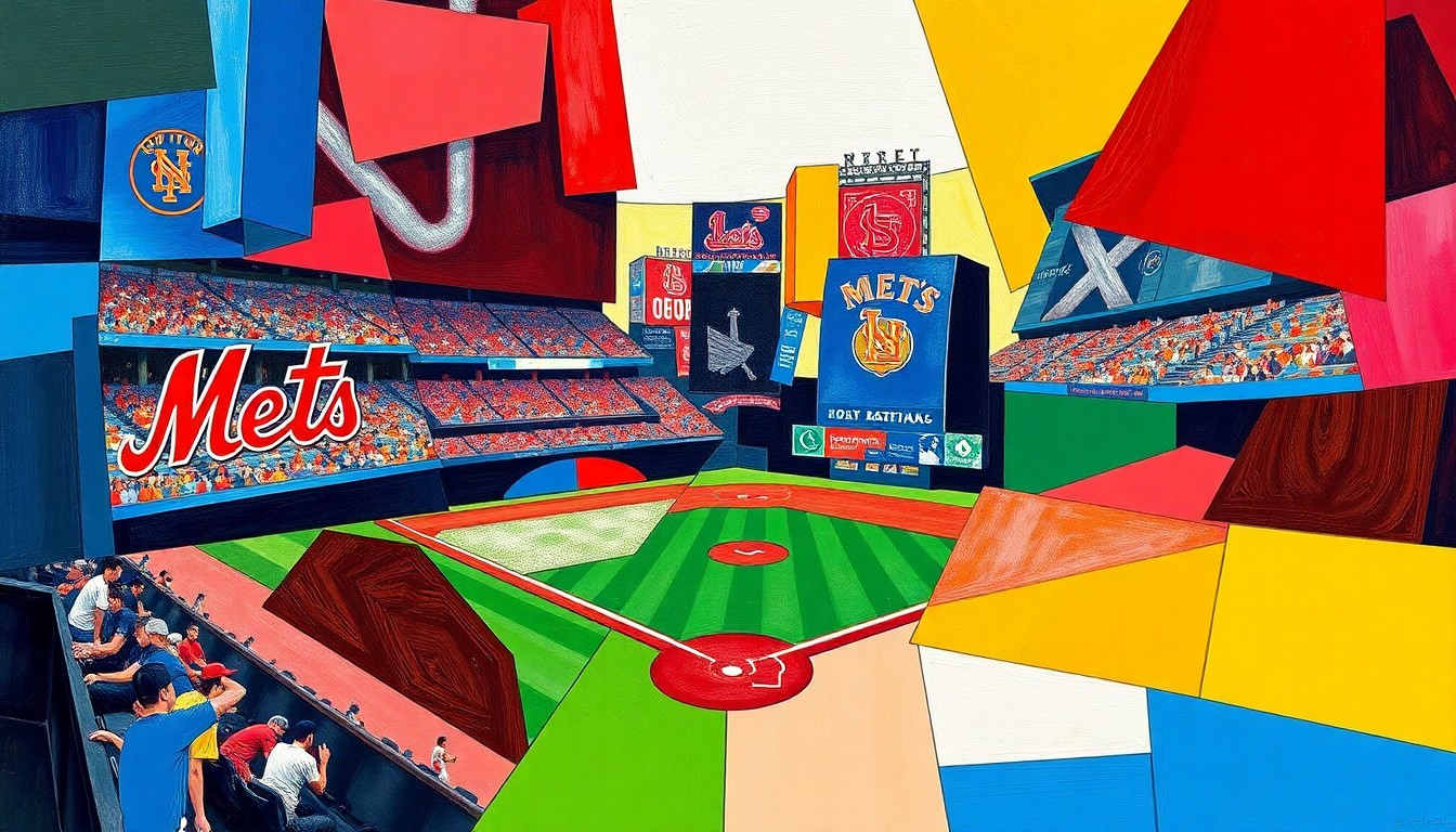 A cubist, geometric painting depicting a baseball game between the New York Mets and St. Louis Cardinals, with the players and field broken down into overlapping planes of bright colors representing the teams.