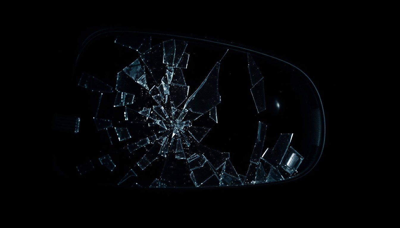 An extreme close-up photograph of shattered glass from the school bus, capturing the stark, gritty details of the aftermath in a conceptual illustration of the tragic incident.