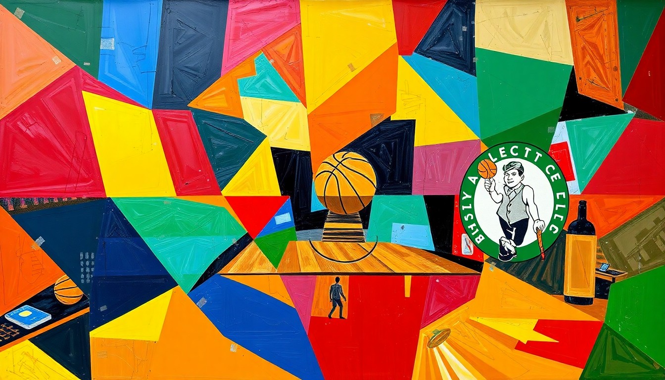 A cubist, geometric painting depicting an abstract basketball game, with overlapping planes of the Atlanta Hawks' red and gold colors clashing against the Boston Celtics' green and white hues.