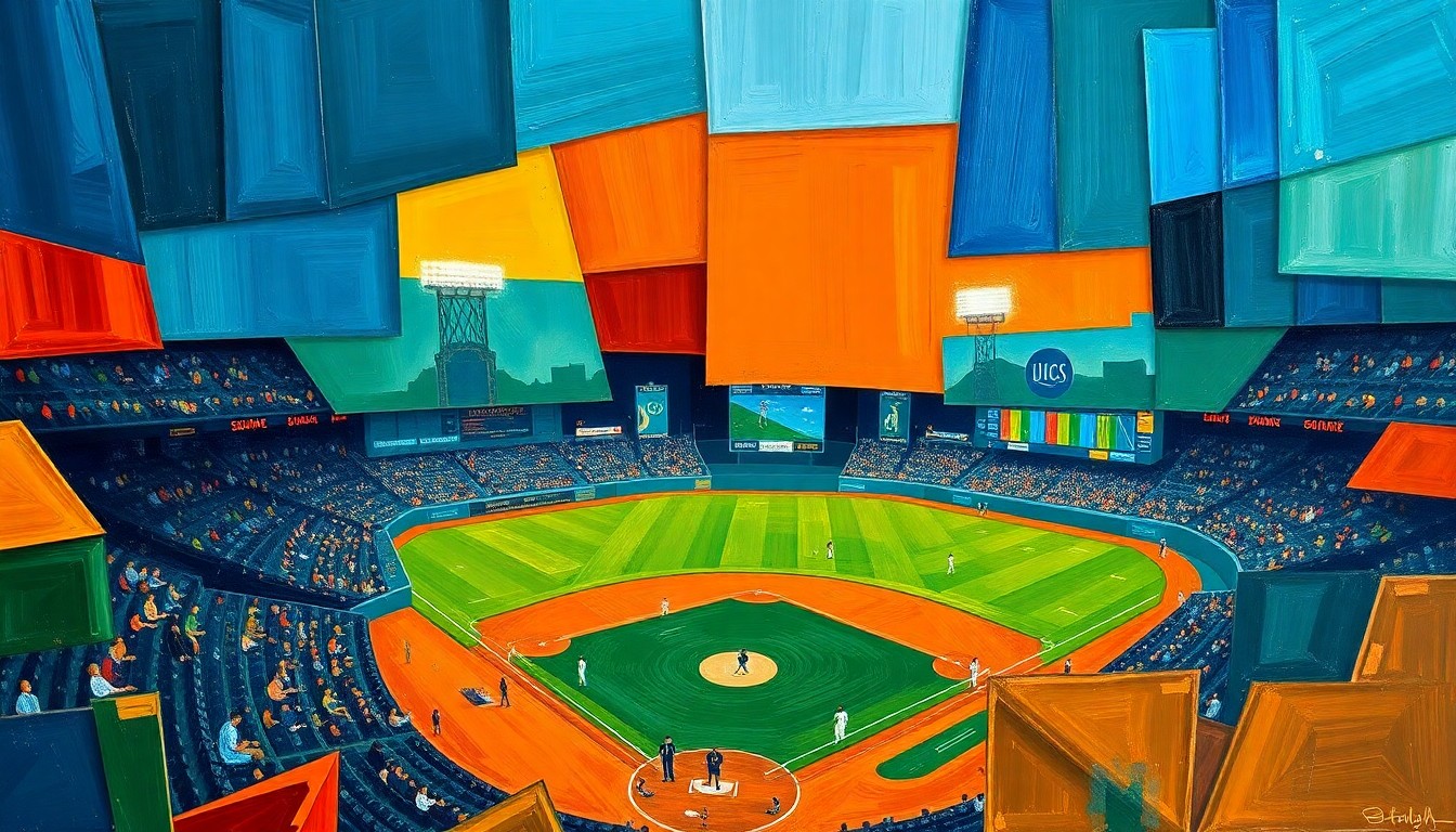 A fragmented, geometric painting depicting the dynamic action of a baseball game, with sharp planes of color representing the players, field, and energy of the competition.