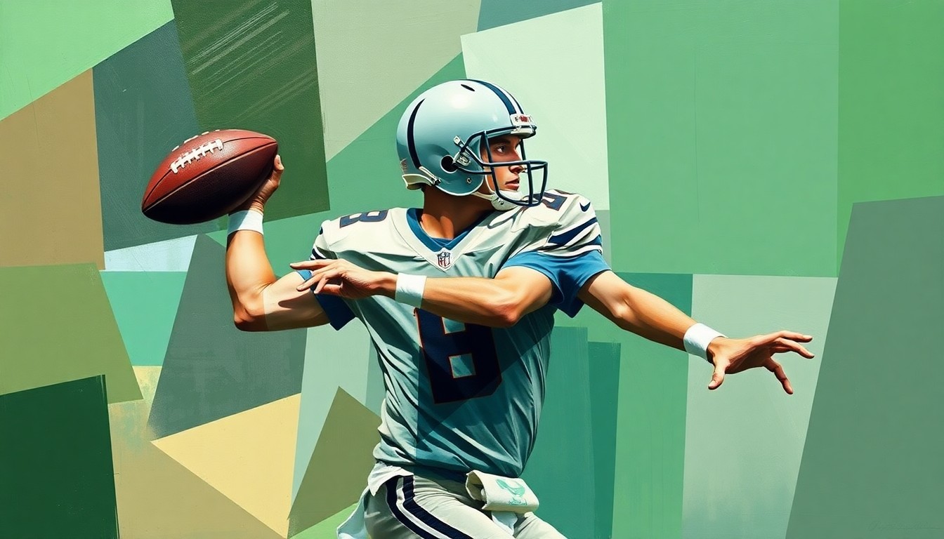 A cubist-style painting depicting a football quarterback in a fractured, geometric style, with sharp planes of green, blue, and brown representing the team's multi-faceted approach to the position.