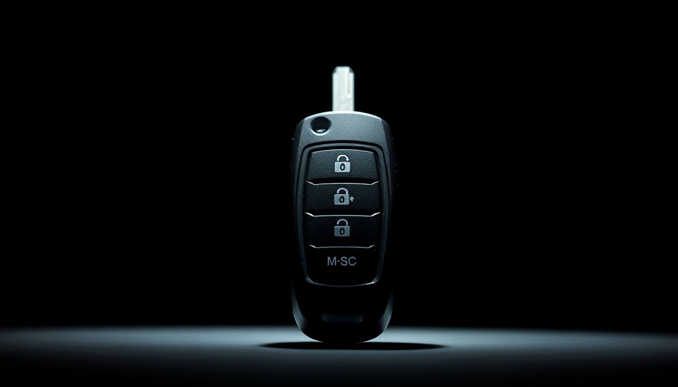 An extreme close-up photograph of a car key fob against a pitch-black background, lit by a harsh, direct camera flash, conceptually representing the stolen vehicle at the center of this hoax case.