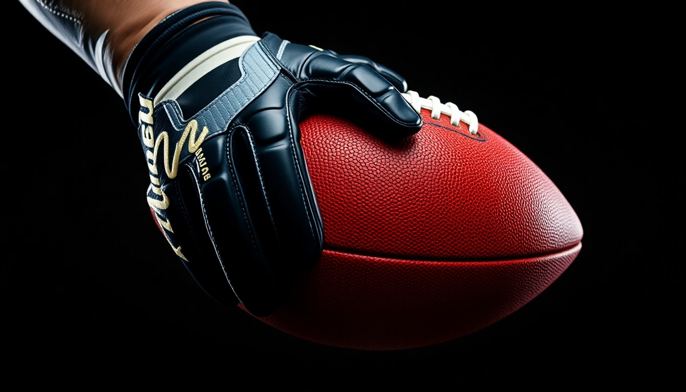 An extreme close-up of a football player's gloved hand gripping a football, captured in dramatic high-contrast studio lighting to create a glossy, high-fashion aesthetic.