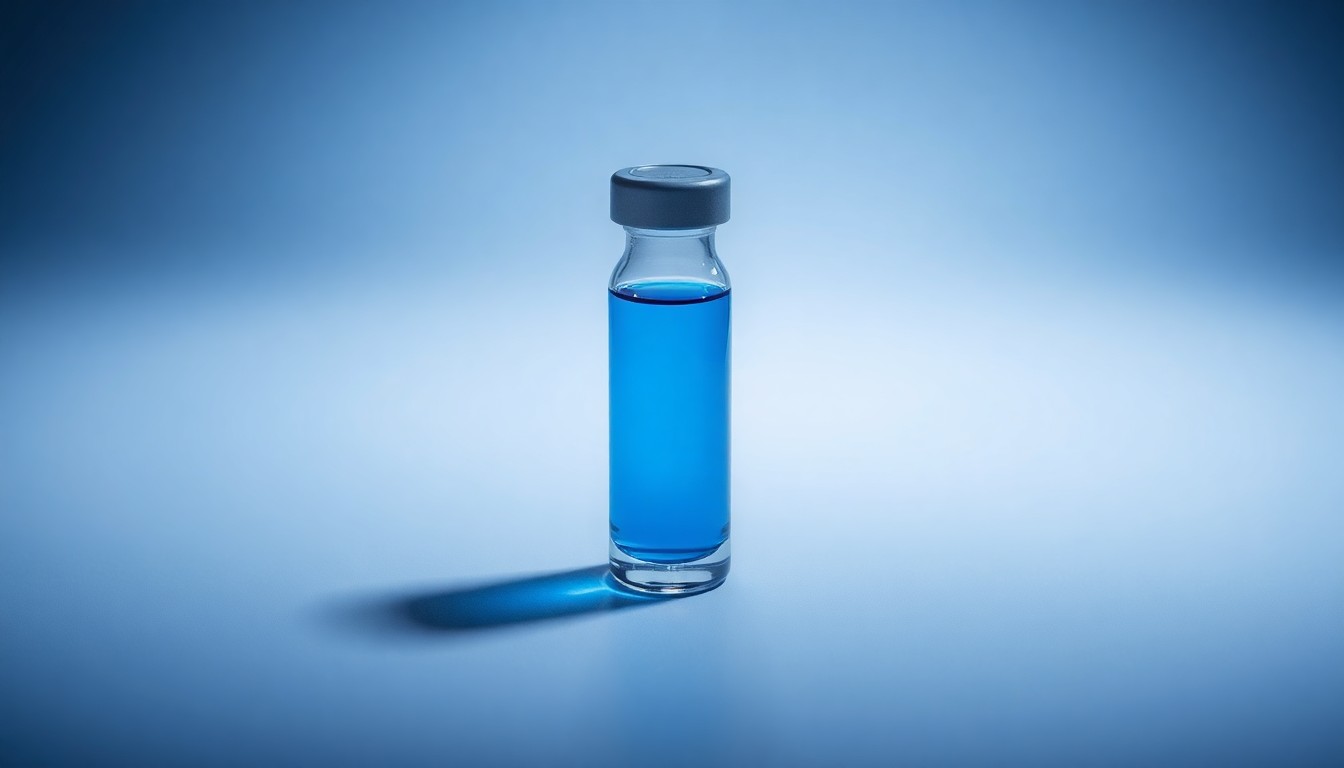 A photorealistic studio still-life image featuring a polished, geometric glass vial filled with a vibrant blue liquid, symbolizing the promise of Sangamo's gene therapy technology. The vial is elegantly arranged on a clean, monochromatic background, using dramatic lighting and shadows to convey the scientific innovation behind the company's work.