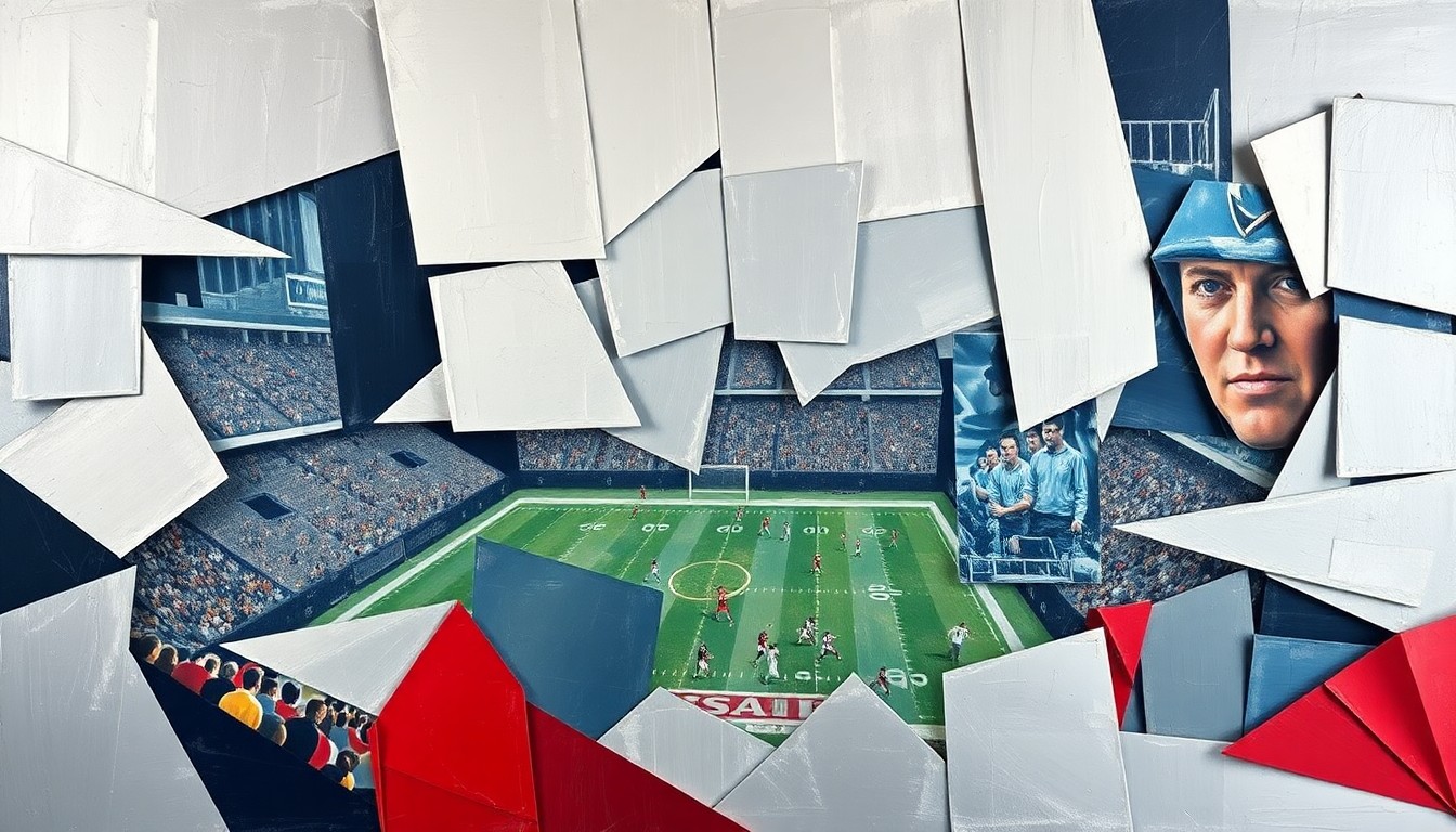 A cubist, geometric painting depicting a fragmented football game, with sharp planes of silver, navy, and red overlapping to create a dynamic, abstract composition.