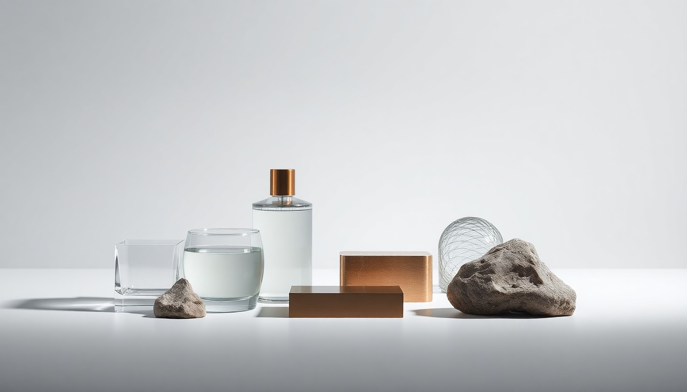 A minimalist studio still life featuring a collection of polished, geometric objects in muted tones, conceptually representing Annexon's scientific innovation in neuroinflammatory disease research.