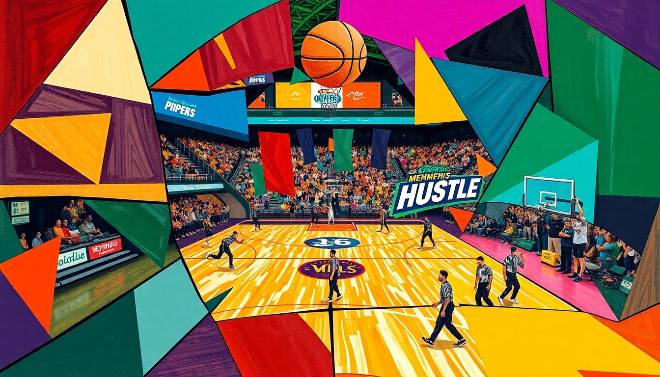 A fractured, geometric painting depicting a basketball game between two teams, with sharp planes of color and overlapping perspectives conveying the intensity of the matchup.