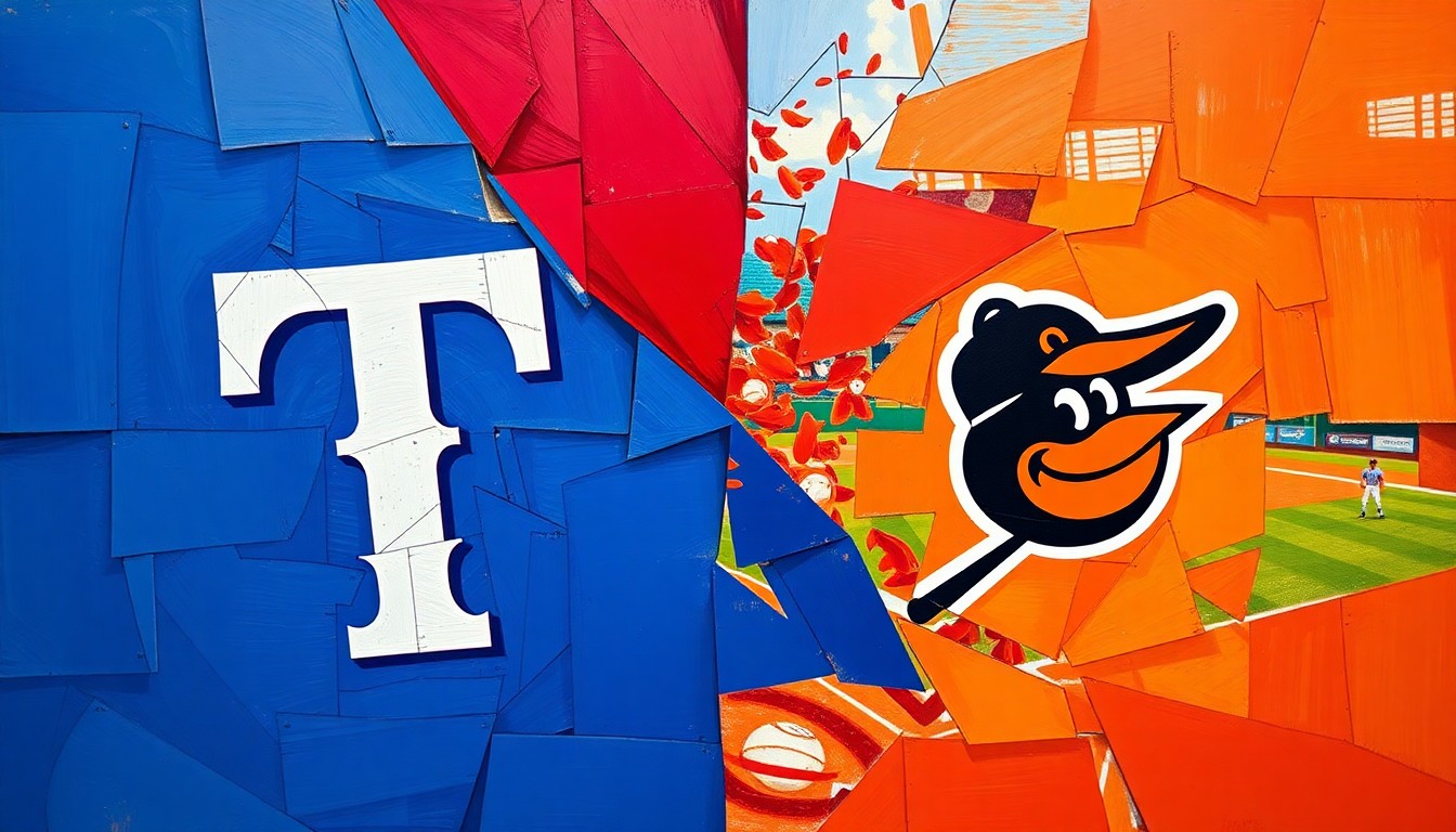 A fractured, multi-perspective painting in bold, clashing colors that breaks down a baseball game into sharp, overlapping geometric shapes, conceptually representing the competitive action on the field.