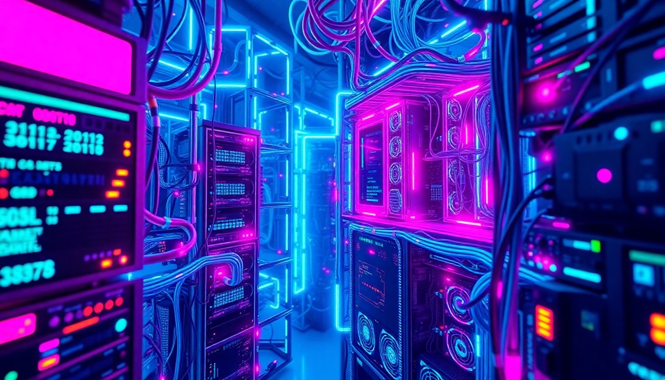 A highly detailed, glowing 3D macro illustration of a complex network of interconnected digital infrastructure components, conveying the power and complexity of the Kubro(TM) platform's deep research capabilities.