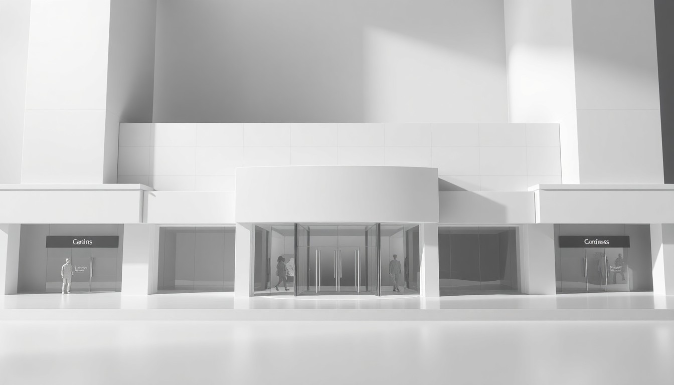 A photorealistic studio still life featuring a polished, geometric model of a modern shopping mall facade in shades of gray and white, conveying the abstract concepts of corporate real estate strategy and value-add investing.